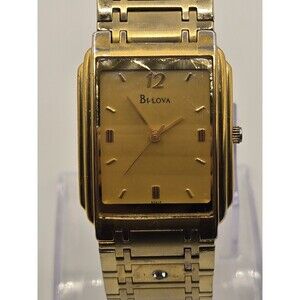 Bulova Tank Watch 25mm Gold Dial Gold Tone Rectangle 97A15 New Batt. 7.25" Band.